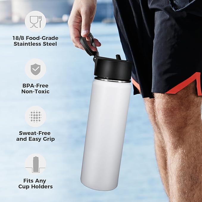 Neihepal 22 oz Insulated Water Bottles Bulk, Stainless Steel Water Bottles Bulk with Leak Proof Straw Lid, Wide Mouth Double Walled Vacuum Keeps Cold and Hot(White,8 Pack)