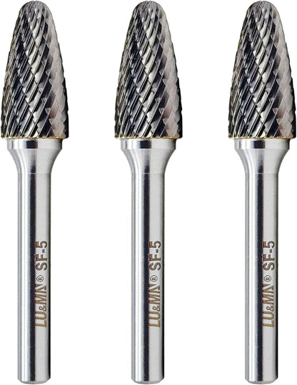LU&MN SF-5 Tungsten Carbide Burr Tree Shape Radius End Double Cut Rotary Burr File (1/2” Cutter Dia X 1”Cutter Length) with 1/4'' Shank, 3PCS