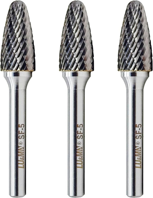 LU&MN SF-5 Tungsten Carbide Burr Tree Shape Radius End Double Cut Rotary Burr File (1/2” Cutter Dia X 1”Cutter Length) with 1/4'' Shank, 3PCS