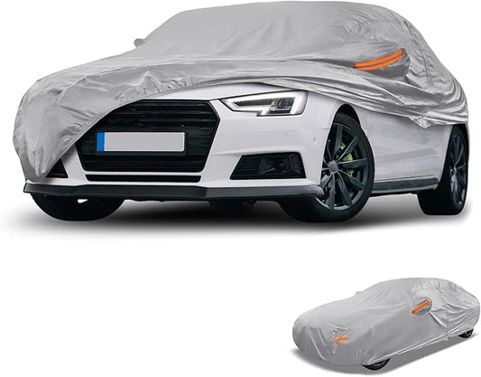 Universal Car Cover Waterproof All Weather 190T-PU, UV Sun Rain Protection, Fits for Sedan Length 187"-198", with Left Side Zipper, Silver Tone