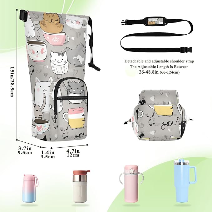Grey Cat Water Bottle Holder with Strap Insulated Water Bottle Carrier Crossbody Bags Pouch with Phone Pocket for Travel Gym Hiking Walking Running