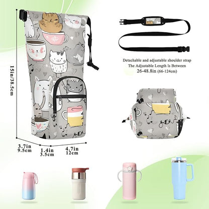Grey Cat Water Bottle Holder with Strap Insulated Water Bottle Carrier Crossbody Bags Pouch with Phone Pocket for Travel Gym Hiking Walking Running