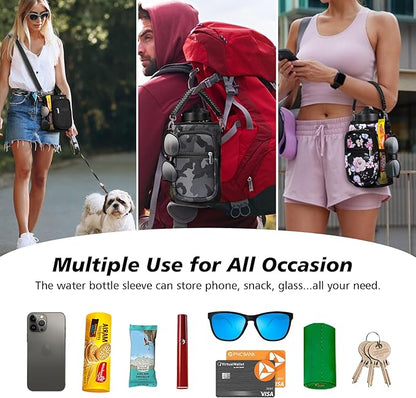 32/40/64/87/128 oz Water Bottle Carrier Bag, Neoprene Water Bottle Sleeve with 4 Pocket, Sport Water Holder with Paracord Handle and Shoulder Strap for Walking Hiking Camping Gym