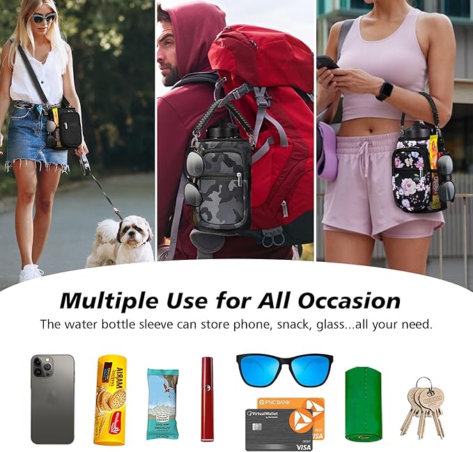 32/40/64/87/128 oz Water Bottle Carrier Bag, Neoprene Water Bottle Sleeve with 4 Pocket, Sport Water Holder with Paracord Handle and Shoulder Strap for Walking Hiking Camping Gym