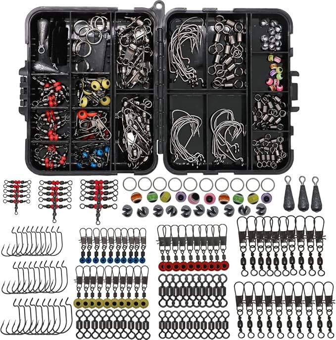 Fishing Accessories Kit with Hooks, Bass Casting, Sinkers, Swivels, Snaps, Sinker Slides, Line Beads, Fishing Set with Tackle Box Lanyard