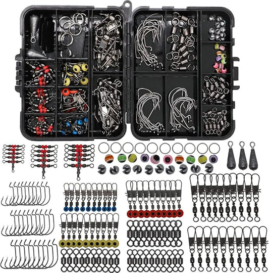 Fishing Accessories Kit with Hooks, Bass Casting, Sinkers, Swivels, Snaps, Sinker Slides, Line Beads, Fishing Set with Tackle Box Lanyard