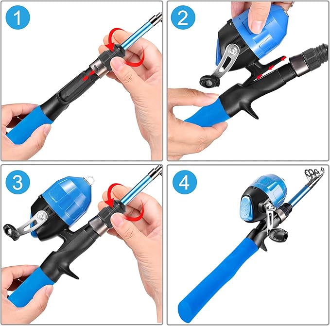 PLUSINNO Kids Fishing Pole with Spincast Reel Telescopic Fishing Rod Combo Full Kits for Boys, Girls, and Adults