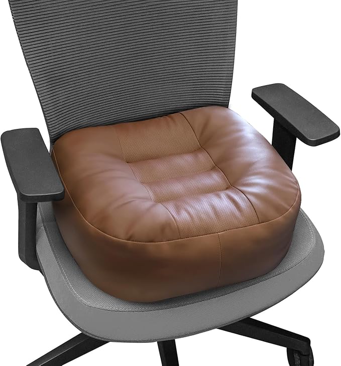 YOUFI Leather Seat Cushion Extra-Thick Booster for Office Chair to Rise Height - Full Filling for Support - with Breathable Cover, Handle and Buckle - Relieves Back Pain – 18"x16"x6" (Brown)