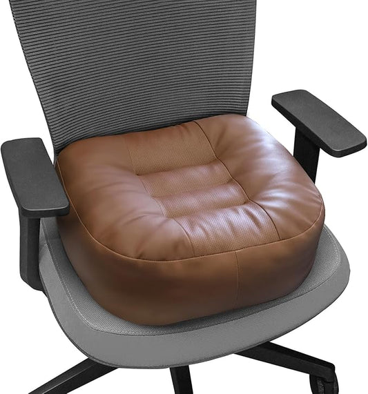 YOUFI Leather Seat Cushion Extra-Thick Booster for Office Chair to Rise Height - Full Filling for Support - with Breathable Cover, Handle and Buckle - Relieves Back Pain – 18"x16"x6" (Brown)