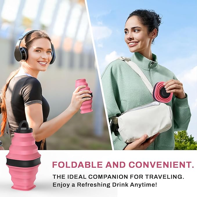 Collapsible Water Bottles with Anti-Collapse Ring,600ml Foldable Water Bottle BPA Free Reusable Lightweight LeakProof Silicone for Travel Hiking Camping Gym Sports，Collapses to 1.5” Pink
