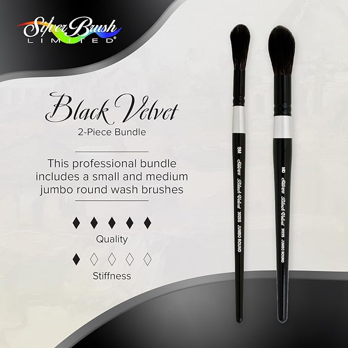 Silver Brush Limited BV-3059S Black Velvet 2pc Round Mop Set, Premium Short Handle Small & Medium Round Mop Brushes for Watercolor, Gouache, Dyes & Silk Painting, Mixed Filament with Very Soft Tips