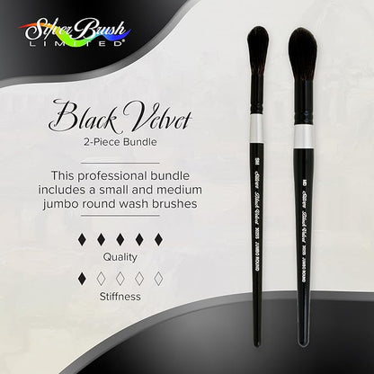 Silver Brush Limited BV-3059S Black Velvet 2pc Round Mop Set, Premium Short Handle Small & Medium Round Mop Brushes for Watercolor, Gouache, Dyes & Silk Painting, Mixed Filament with Very Soft Tips