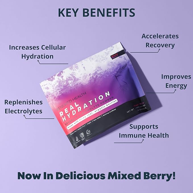 Real Hydration - Organic Fruit-Based Electrolyte Mix - Made with Organic Fruits & Pink Salt - Zero Sugar & Vegan - Hydration, Immune & Recovery Support (30 Servings, Mixed Berry)