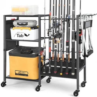 Olakee Fishing Rod Holder, Fishing Pole Holders for Garage Boat Home Entryway Fishing Gear Storage with Tackle Cart Ideal Gift for Men Dad Anglers Corner Design for Rods and Equipment Organizers