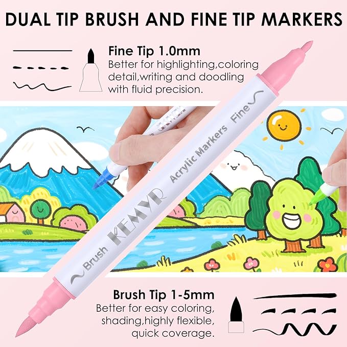 72 Colors Brush & Fine Tip Acrylic Paint Pens, Dual Tip Acrylic Paint Markers for Paper, Wood, Canvas, Stone, Rock, Glass, Fabric, DIY, Ceramic, Art Supplies for Adults Drawing