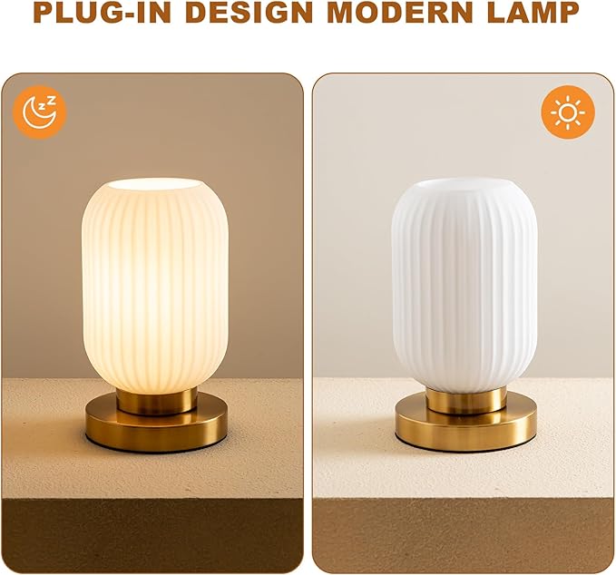 Modern Ribbed Glass Table Lamps Mid Century Bedside Light Small Nightstand Lamp with Plug-in Style, E26 Ambient Lighting for Bedroom Living Room Tabletop, Milky White