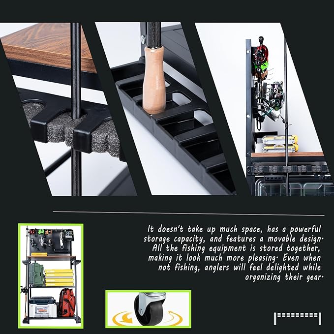 Fishing Rod Holders for Garage 3-Tier, Integrated structure extremely stable, Gear Storage for Up to 12 Rods with Hooks & Wheels, for Rod, Box, Reel Storage (6 hooks 6 reel rack 1 trays 4 wheels)