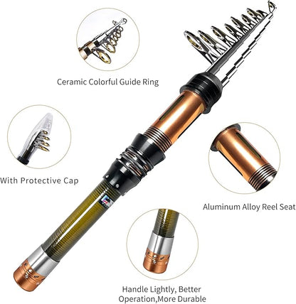 Fishing Pole Kit, Carbon Fiber Telescopic Fishing Rod and Reel Combo with Spinning Reel, Line, Bionic Bait, Hooks and Carrier Bag, Fishing Gear Set for Beginner Adults