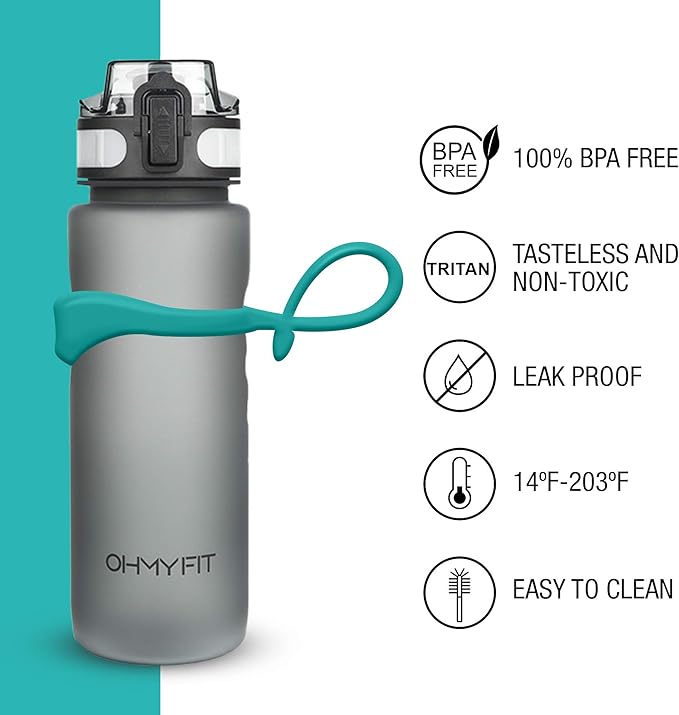 Tritan Sports Water Bottle with Magnetic Silicone Carry Strap & One Click Open Cap - Magnetic Drink Holder Great for Metal Equipment - Bottle w/Straps for Backpack, Belt & More (18 oz, Teal)