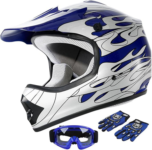 SLMOTO Dot Youth Kids Helmet Motocross Offroad Street Helmet Motorcycle Helmet Dirt Bike Motocross ATV Blue Flame Design Helmet+Goggles+Gloves
