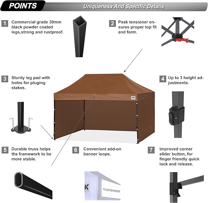 ABCCANOPY Heavy Duty Easy Pop up Canopy Tent with Sidewalls 10x15, Brown