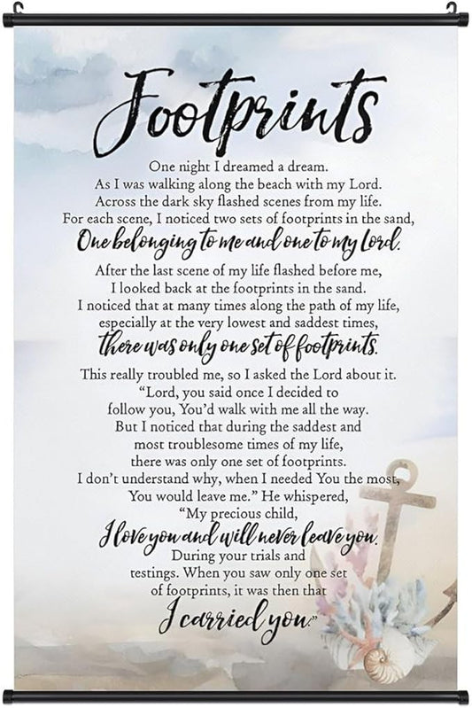 Footprints in the Sand Religious Canvas Wall Art Posters, Inspirational Beach Sunset Poem Print Poster (Black Axis 20x30inch, Footprints(6))