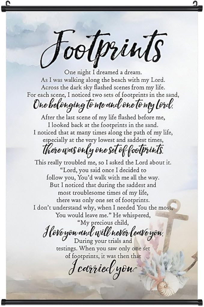 Footprints in the Sand Religious Canvas Wall Art Posters, Inspirational Beach Sunset Poem Print Poster (Black Axis 12x18inch, Footprints(6))