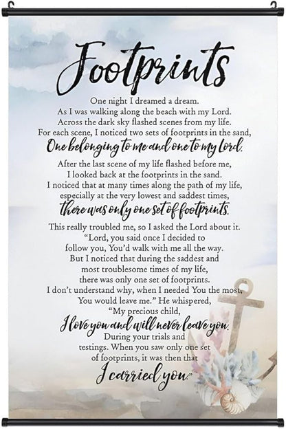Footprints in the Sand Religious Canvas Wall Art Posters, Inspirational Beach Sunset Poem Print Poster (Black Axis 12x18inch, Footprints(6))