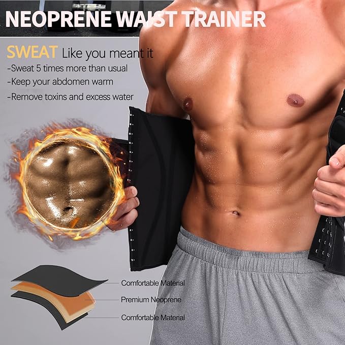 KIWI RATA Mens Workout Waist Trainer Corset Neoprene Sauna Sweat Trimmer Cincher Belt Extra Belly Compression Belts