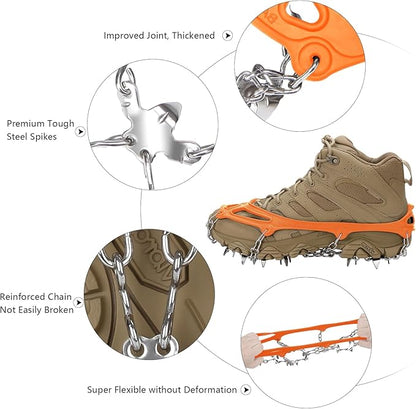 Crampons 19 Spikes with Stainless Steel Chain Ice Snow Grips Traction Cleats System Safe Protect for Walking, Jogging, Climbing, Hiking on Snow and Ice, Boots Chains for Women Men