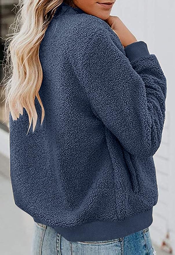 MIROL Women's Fall Trendy Fleece Jacket Faux Sherpa Fuzzy Casual Long Sleeve Zip Up Loose Fit Bomber Winter Coat