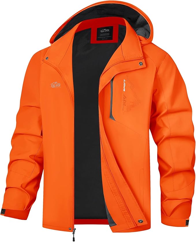 TEZO Mens Rain Jacket Waterproof with Hooded Hiking Coat Lightweight Windbreaker