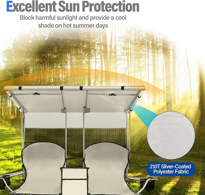 PLKO Portable Double Camping Chair with Canopy Shade,Heavy Duty Beach Chairs for Adults,Folding Beach Chair with Cooler Bag for Sports Backyard Fishing Outside（White）