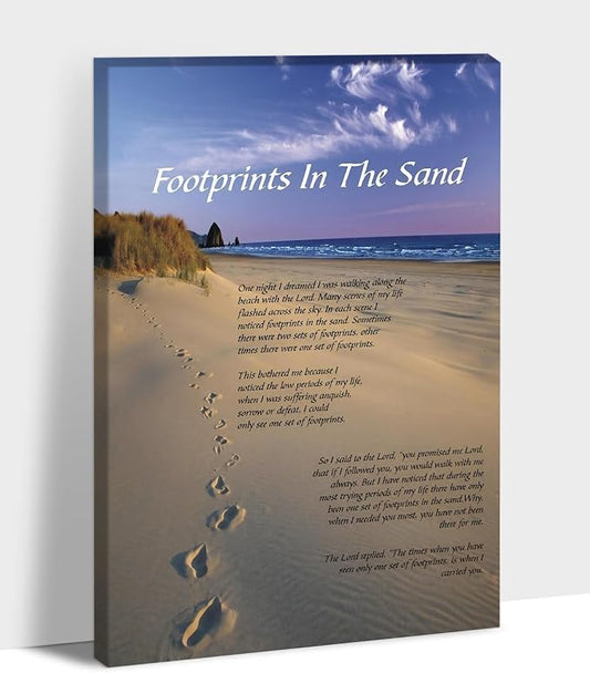 Footprints in the Sand Wall Art Decor, Footprints in the Sand Canvas Prints Wall Art, Inspirational Christian Poem Wall Poster Gift, Beach Picture Wall Art for Living Room Beach Office 28"Wx40"HInches