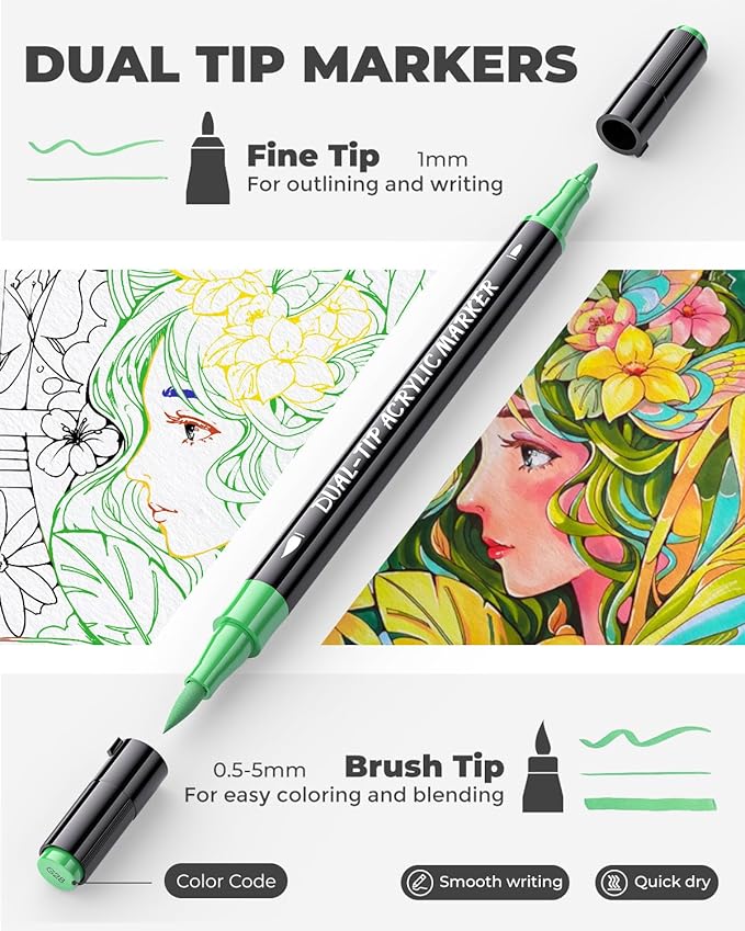 JusArt 48Colors Acrylic Paint Markers Set with Canvas Bag, Dual Tips with Brush Tip & Fine Tip, No-Bleed, Waterproof, Non-Toxic & Odorless Paint Pens for Rock, Egg, Wood, Canvas, Glass, Ceramic, DIY