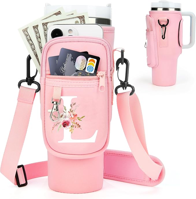 Initial Water Bottle Holder with Strap for Stanley 40 oz Tumbler/Simple Modern 40 oz Tumbler,Water Bottle Carrier Bag with Strap,Personalized A-Z Phone Pocket for Stanley Cup Accessories