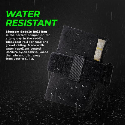 Blossom Bike Saddle Roll Bag - Bike Tool Kit Holder - Water Resistant & Durable Cordura Fabric - Under Seat cycling accessories - mountain bike accessories - ebike saddle bags (Black)