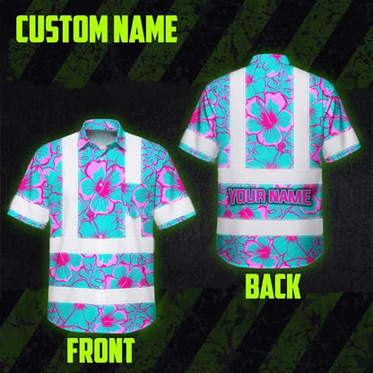 High Visibility Hawaiian Shirt for Men Tropical Shirts Custom Name Floral Outfit Reflective Safety Workwear