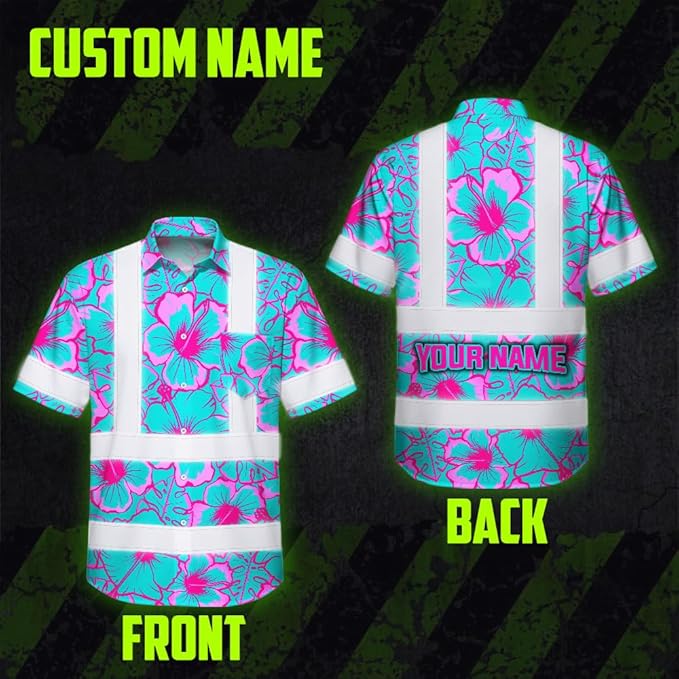 High Visibility Hawaiian Shirt for Men Tropical Shirts Custom Name Floral Outfit Reflective Safety Workwear