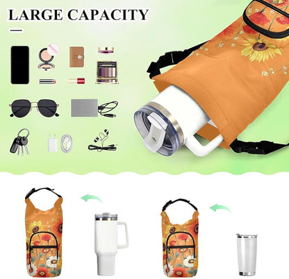 Cartoon Orange Sunflowers and Poppy Flowers Water Bottle Holder with Strap Insulated Water Bottle Carrier Crossbody Bags Pouch with Phone Pocket for Travel Gym Hiking Walking Running