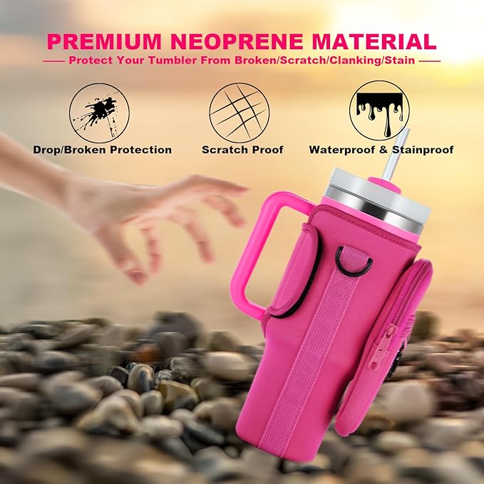 Water Bottle Carrier Bag with Phone Pocket for Stanley 40 & 30 oz Tumbler with Handle,Pink Insulated Neoprene Cup Holder Pouch w/Adjustable Strap for Quencher H2.0 Stanley Cup Accessories