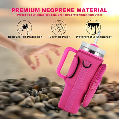 Water Bottle Carrier Bag with Phone Pocket for Stanley 40 & 30 oz Tumbler with Handle,Pink Insulated Neoprene Cup Holder Pouch w/Adjustable Strap for Quencher H2.0 Stanley Cup Accessories