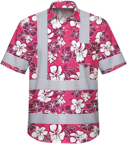 High Visibility Hawaiian Shirt for Men Tropical Shirts Custom Name Floral Outfit Reflective Safety Workwear