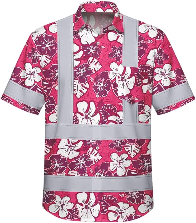 High Visibility Hawaiian Shirt for Men Tropical Shirts Custom Name Floral Outfit Reflective Safety Workwear