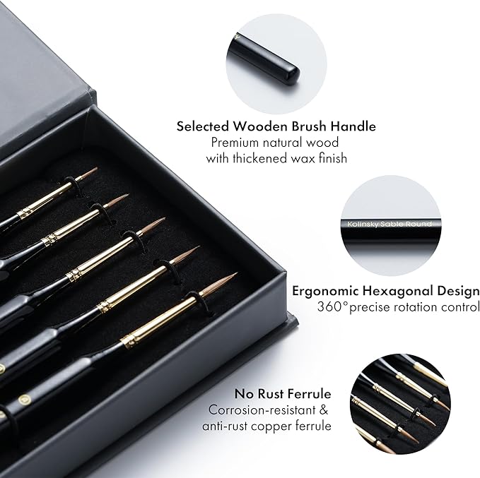 Artify Detail Paint Brushes, 100% Kolinsky Sable Micro Paint Brushes - Master Series, Ultra Fine Tips Paint Brush Set, High Precision for Models/Crafts, Detailing for Acrylic/Oil/Watercolor (Black)