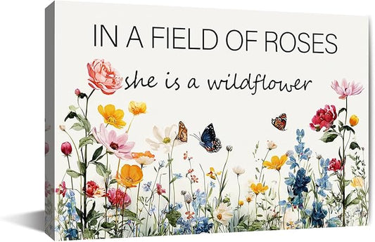 In a Field of Roses She is a Wildflower Nursery Canvas Wall Art Decor for Baby Girl Room Pink Toddler Poster Children's Floral Boho Bedroom Framed 16 * 24 Inch