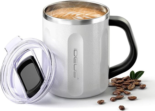 Ideus 16 oz Coffee Cup, Stainless Steel Coffee Travel Mug, Spill Proof Tea Mug with Handle and Lid, Lightweight and Durable, Great for Office Home and Outdoor Use, Snow White-FUJI FLOW
