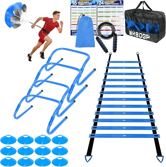 Agility Ladder Speed Training Equipment Set-20ft Agility Ladder,12 Soccer Cones,4 Hurdles,Jump Rope,Running Resistance,Soccer Football Training Equipment with Carrying Bag for Kids Adults