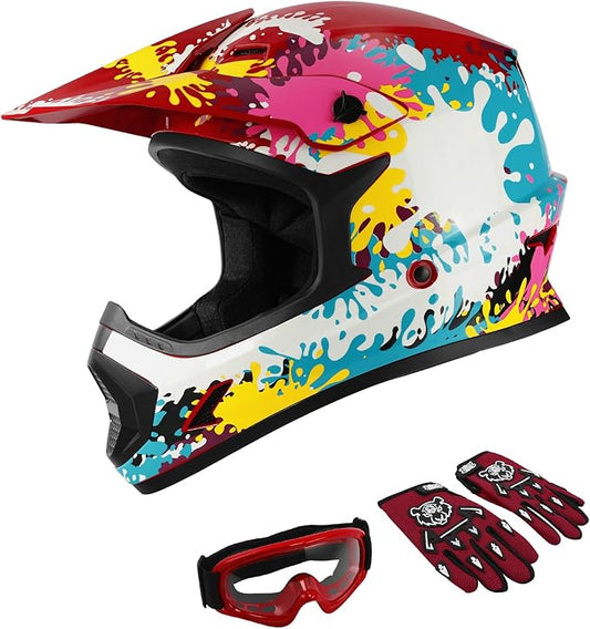 SLMOTO Youth Dirt Bike Helmets DOT Youth Kids Motocross Offroad Street Dirt Bike Helmet Motorcycle ATV Full Face Helmet with Goggles Gloves, Spray Graffiti Medium