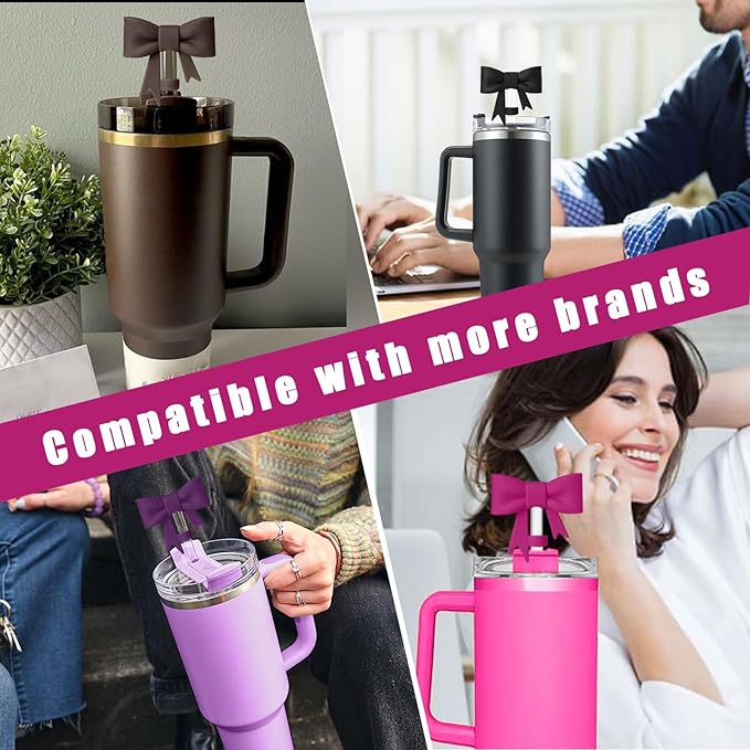 6Pcs Silicone Straw Toppers Covers for Stanley Cups 40/30oz 10mm(0.4in) Dark Purple Dust-Proof Bow Straw Covers Toppers Brown Suitbale for Stanley Cup Accessories Reusable Straws Caps